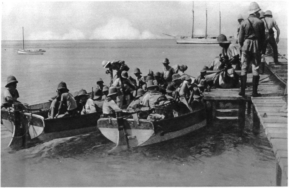 BEFORE THEY ESCAPED IN "A LEAKING SHIP": THE "EMDEN'S"
LANDING-PARTY, WHO SAW THEIR SHIP DESTROYED (ON COCOS ISLANDS).