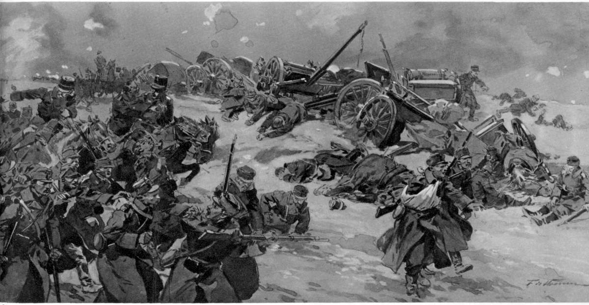 THE AUSTRIAN DBCLE: A DISASTROUS MARCH UNDER CONTINUAL SHELL-FIRE FROM SERBIAN ARTILLERY.--From the Painting by Frdric de Haenen. (right half)