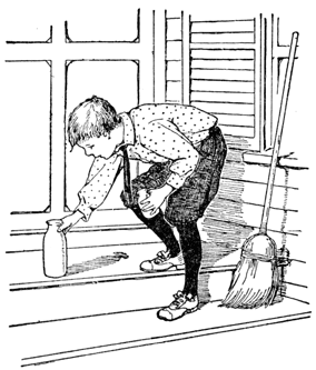 A boy moves a milk bottle from a porch.