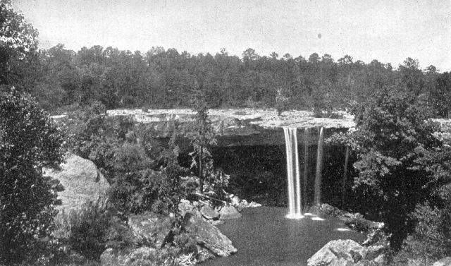 Waterfall near Gadsden, Alabama. The upper shelf of
rock is a hard sandstone, the lower beds are soft shale. The
conditions are those of most waterfalls, such as Niagara.