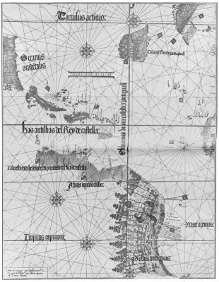 The New World in the Cantino Chart of 1502, showing the
state of geographical knowledge at the time of the death of Columbus.