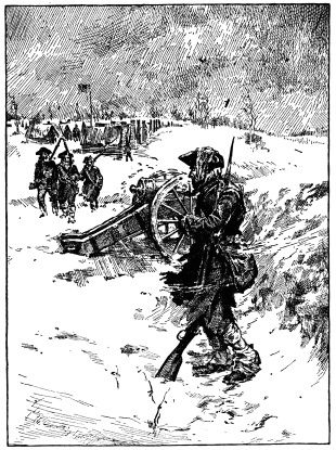 A drawing of a snowy scene, with cannon and cold-looking men.