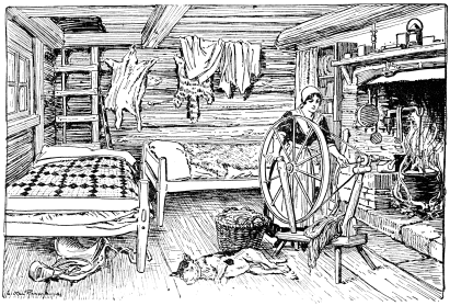 A drawing of a log cabin interior. A woman spins while a dog lies on the floor. It is a very crowded room.