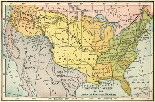 A colored map of the United States.