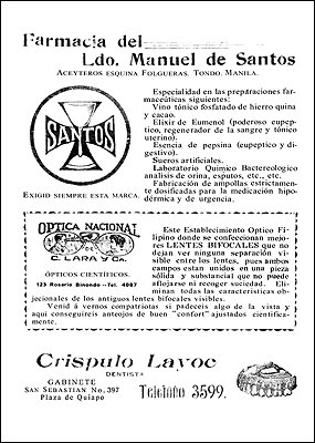 Advertisement Farmacia del Ldo. Manuel de Santos/Optica Nacional/Crispulo Layoc Dentista