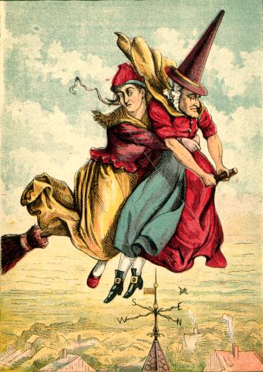 Illustration: Witch and Lady on broom.