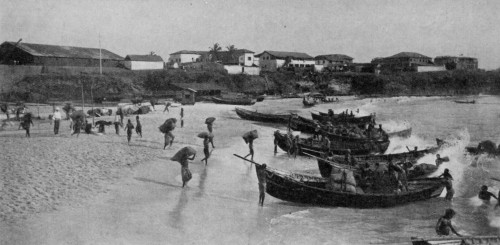 CARRIERS CONVEYING BAGS OF CACAO TO SURF BOATS, ACCRA.
Reproduced by permission of the Editor of "West Africa."