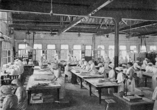 A CONFECTIONERY ROOM AT MESSRS. CADBURY'S WORKS AT BOURNVILLE.
Cutting almond paste by hand moulds.