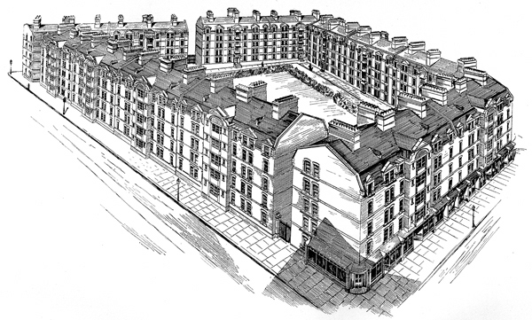 A drawing of an apartment block.