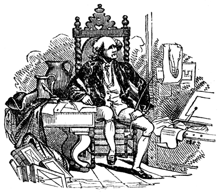 An engraving of an old fellow sitting sideways to a writing desk, surrounded by books and papers