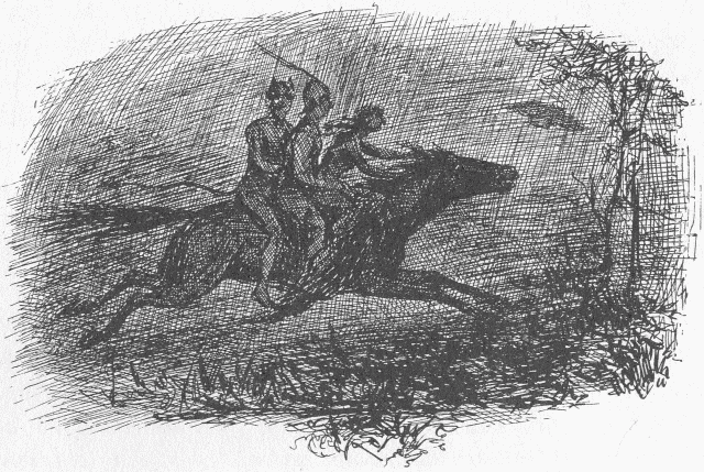 Illustration: "So the three av thim mounted the wan horse"