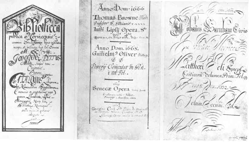 The Vellum Book.  Title-page and two other pages of the Donation 
Book begun in 1659