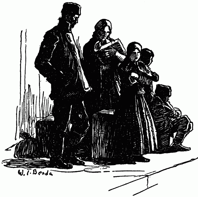 Illustration: Immigrant family huddled together on the train platform