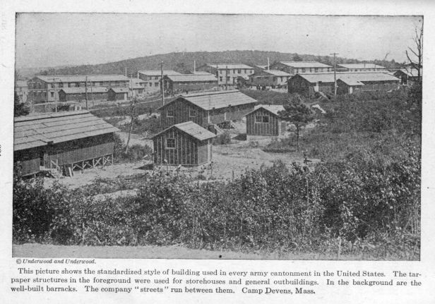 This picture shows the standardized style of building used in every army cantonment in the United States.  The tar-paper structures in the foreground were used for storehouses and general out-buildings.  In the background are the well-built barracks.  The company "streets" run between them.  Camp Devens, Mass.