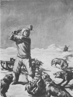 HE HELD THE AX READY TO STRIKE THE FIRST ATTACKING ANIMAL. (See page 189.)