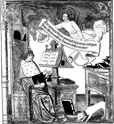 Illustration: L'acteur est assis entour de livres dans un cabinet de
travail, et montre de la main une banderole porte par
un ange et comportant ces mots: