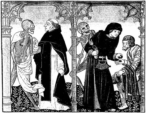Illustration: De gauche  droite:
1. Le mort, le moine; 2. le mort, l'usurier, le pauvre homme recevant
l'aumne de l'usurier.
