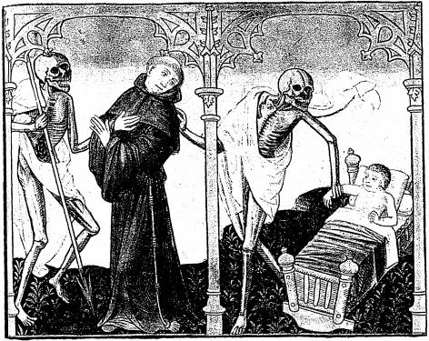 Illustration: De gauche  droite:
1. le mort, le cordelier; 2. le mort, l'enfant au berceau.