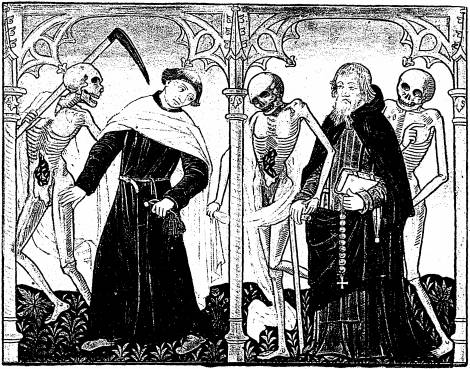 Illustration: De gauche  droite:
1. Le mort, le clerc; 2. le mort, l'ermite, le mort.