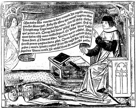 Illustration: Le mort est couch par terre sur un linceul,
une couronne pose  ct de sa tte.
L'acteur assis  ct de ses livres montre de la main une banderole
porte par l'ange avec le texte suivant: