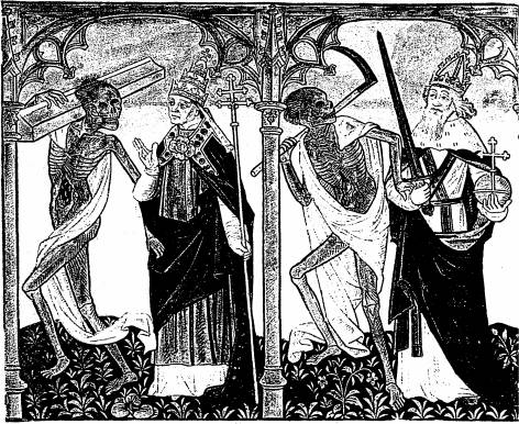 Illustration: De gauche  droite:
1. le mort, le pape; 2. le mort, l'empereur.