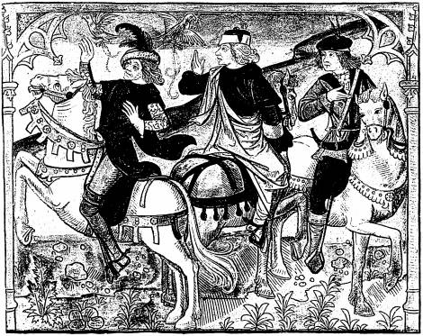 Illustration: Trois beaux hommes  cheval, regardant
vers la gauche (sur la page de droite, en face de l'illustration
montrant l'ermite et les trois morts)