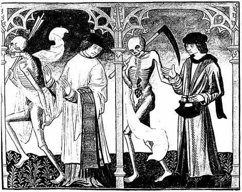 Illustration: De gauche  droite:
1. Le mort, le chanoine; 2. le mort, le marchand.