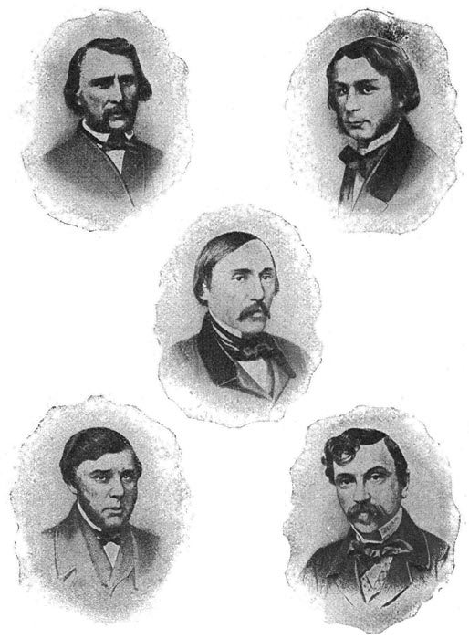 Caricatuur van de medewerkers aan den Sawremjennik: Panajeff, Njekrassoff, Grigorowitsch, Toerghenjeff, Ostrowski, Tolstoi.—Blz. 242.