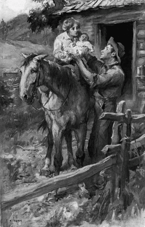 Martha and her baby on the back of a horse while Lum is reaching for the baby.