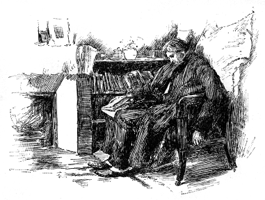 A man in robe and slippers naps in a chair in a study.