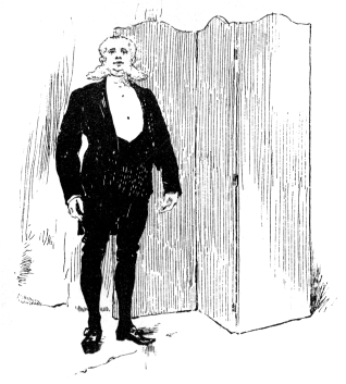 A bewhiskered man stands in front of a folding screen.