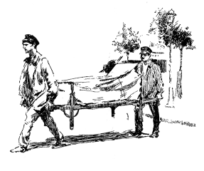 Two men carry a draped coffin.