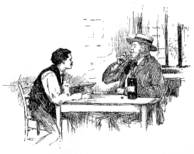 Two men sit drinking at a table.