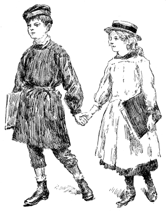 A boy and a girl hold hands and walk to school.