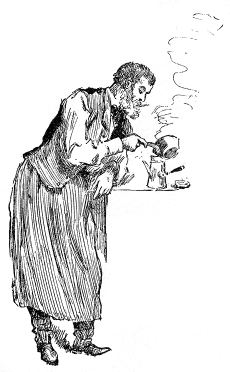 A man in an apron pours liquid into a coffee pot.