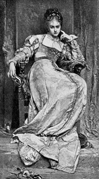 A well-dressed woman reposes in a high-backed wooden chair. The small part
of the room visible seems sumptuously appointed, with rich curtains behind the
woman. She rests her left elbow on the chair arm, one fingertip touching the side
of her face, while the other arm hangs over the chair arm, the hand limply holding
a small book.