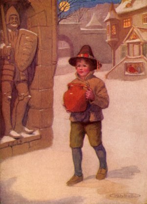 August carrying a jug of beer