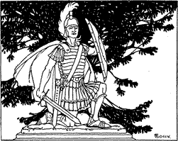 A statue of a Roman warrior, dressed for battle.