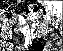 Man and woman on horseback, making their way through a crowd.