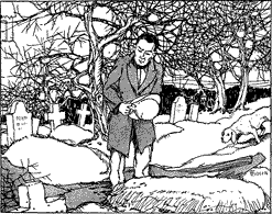 A man standing by a snow-covered grave.