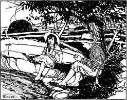 A girl and a boy with a fishing pole, sitting on the bank of a stream.