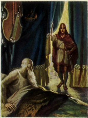 A young man entering a tent with an old man lying in the bed.