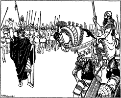 A mounted man facing a standing man, with the army at his back.