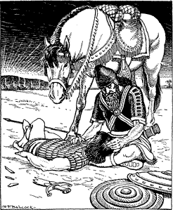 A man seated with the head of the fallen man in his lap and his horse looking on.