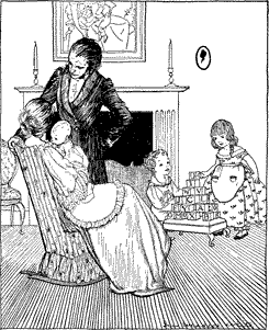 A woman holding a baby, seated in a rocking chair with her husband at her side and two girls playing behind.