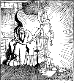 Scrooge, seated in an armchair, confronts Marley’s ghost.