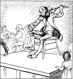 A fiddler seated on a table, playing, with people dancing in the background.