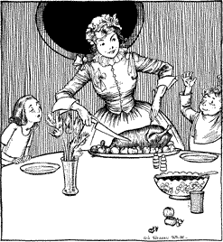 A woman carving a goose, with two children watching.