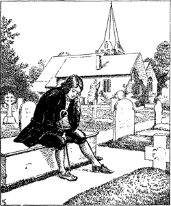 A man sitting on a bench beside a grave in a churchyard.