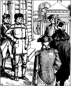 Three men in uniform approaching a man in buckskins and a man in uniform in front of a church. 